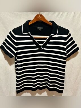Liverpool Los Angeles Polo Top Womens XL Black White Striped Johnny Collar